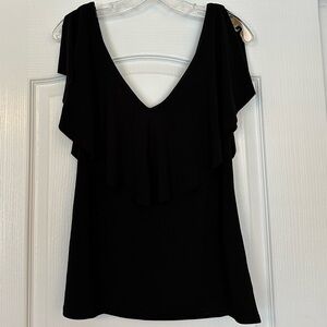 WHBM Black Matte Jersey Flounce Ruffle Top Size S NWT
